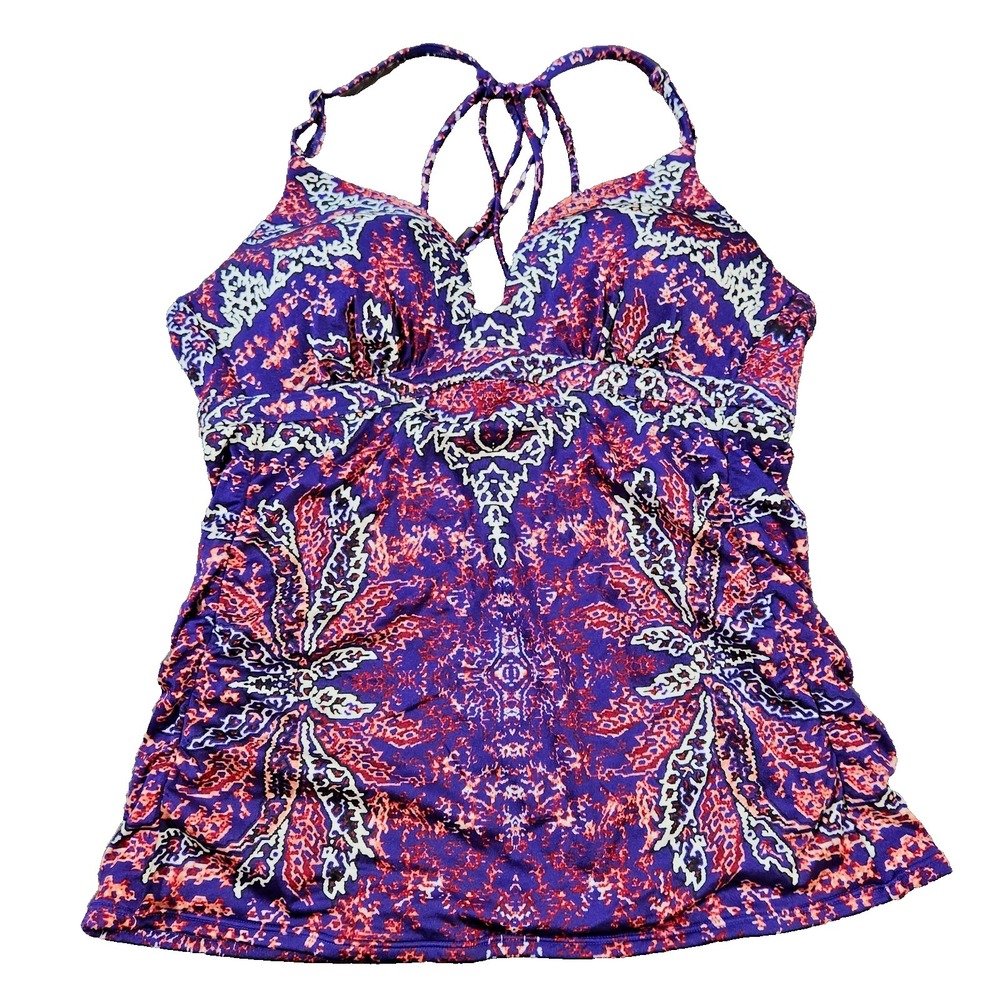 Athleta Womens Purple Pink Paisley Tankini Top Swimsuit Size L Strappy Back